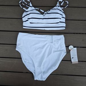 CALIA Womens Mesh Striped Strappy Back Top & Asymmetrical Bikini Bottom Sz S New